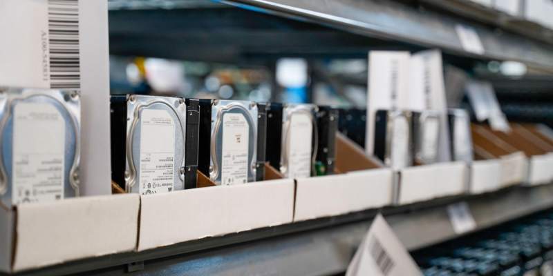 hard drives on shelves