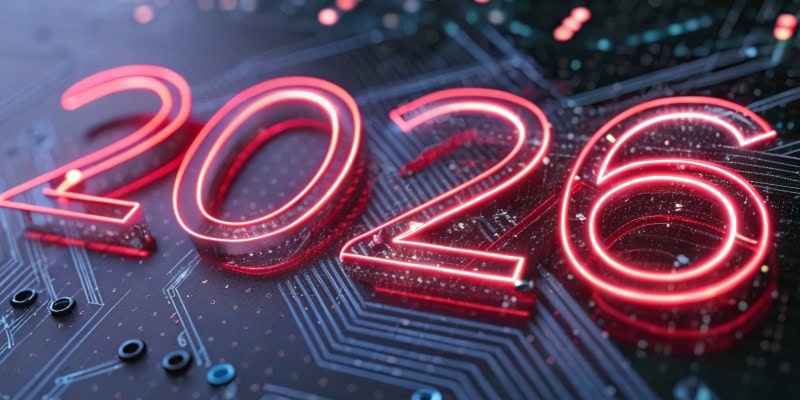 2026 in Neon Red on Circuit Board Technology Background