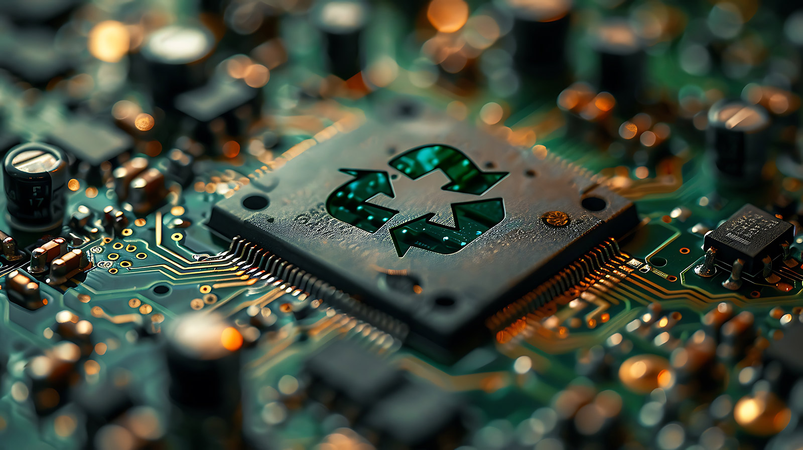 Close-up of a circuit board with a microchip featuring a green recycling symbol, highlighting the role of asset recovery in electronics recycling.