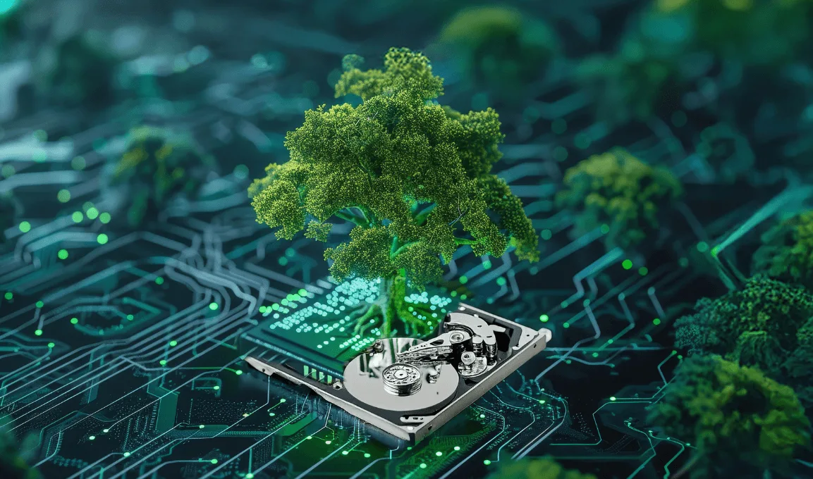 A tree growing from a hard drive on a circuit board, symbolizing green technology