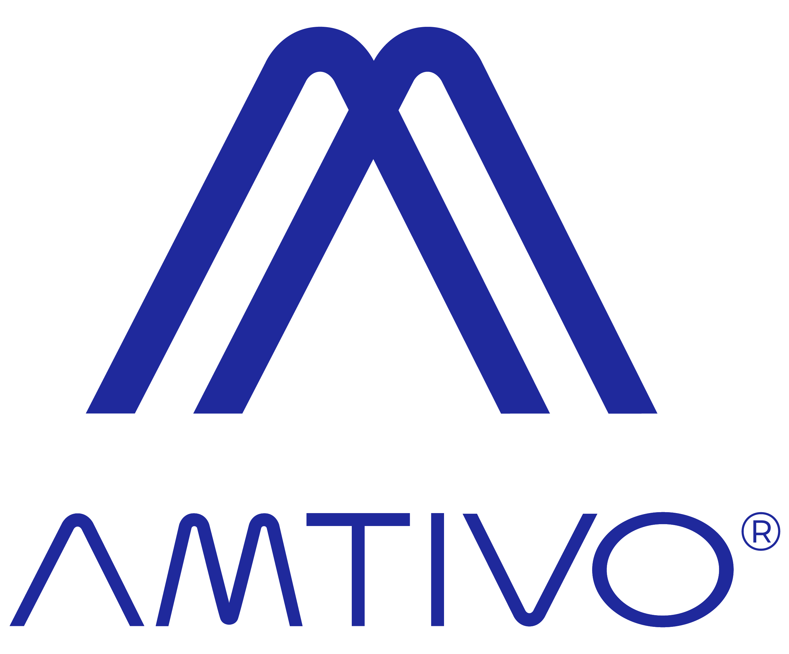 Blue stylized "AM" logo above the word "AMTIVO" in uppercase blue letters, with a registered trademark symbol next to the text.