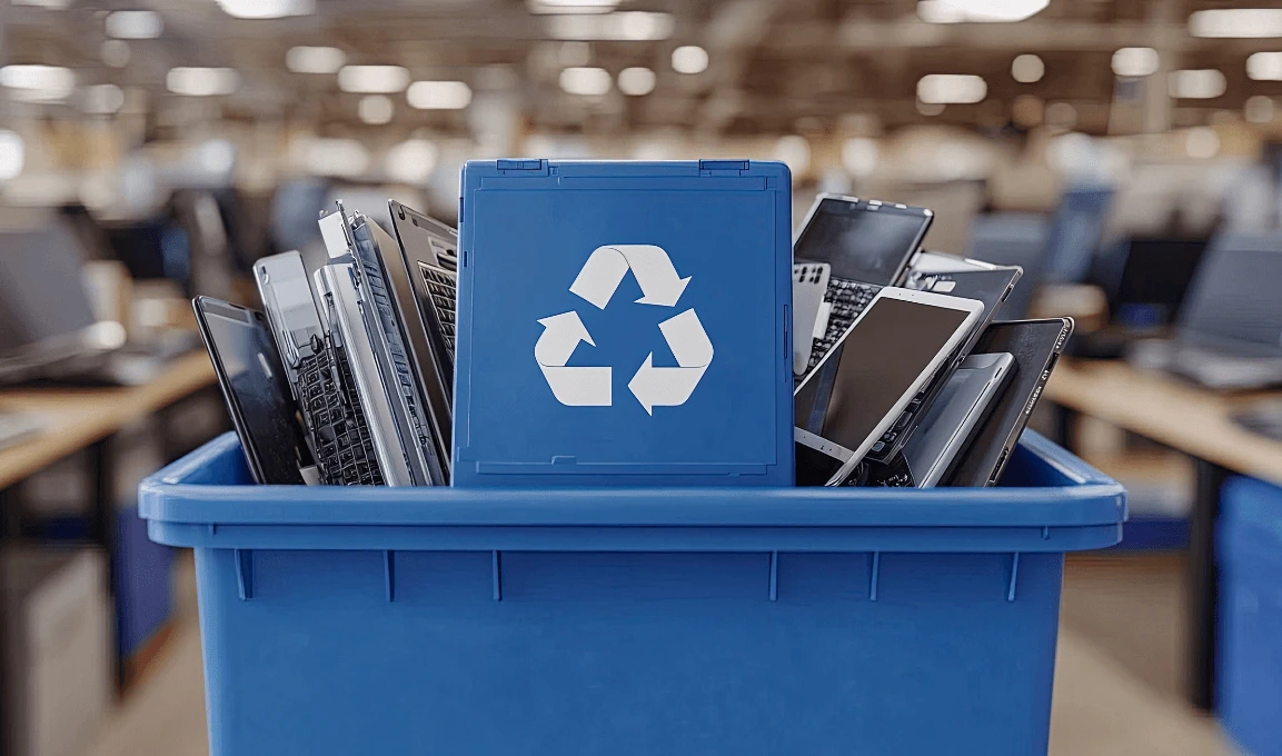 Blue recycling bin filled with discarded electronics, including laptops and tablets