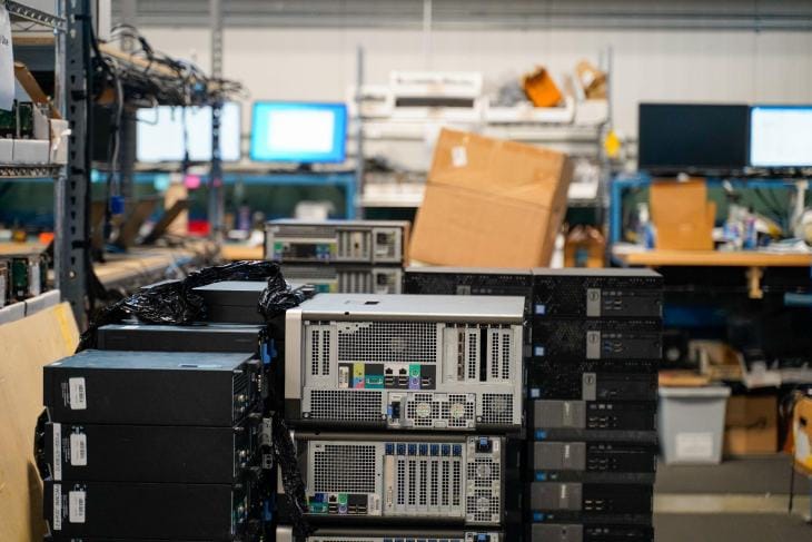 A cluttered storage room with stacked computer servers and electronic equipment on metal shelves and tables.