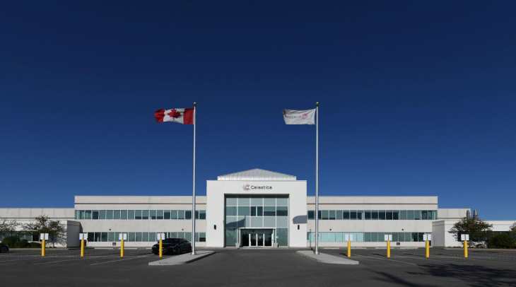 Celestica building with a flag of Canada in front of it