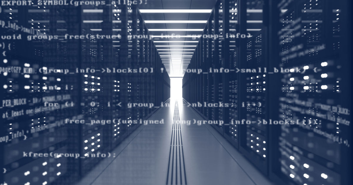 The data center aisle, lined with rows of server racks and overlaid with computer code, ensures top-notch data security. As you move toward the bright exit, EcoErase stands as an essential tool in optimizing efficiency and sustainability.