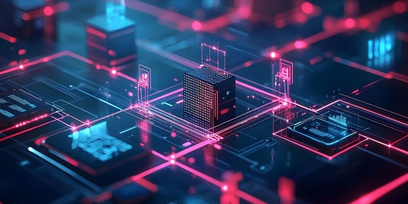 Futuristic digital circuit board with glowing neon lights and central processing unit