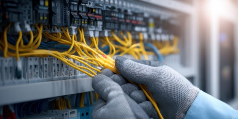 Gloved hands organizing yellow network cables in a server cabinet Gloved hands organizing yellow network cables in a server cabinet