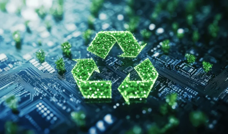 Green recycling symbol on a circuit board