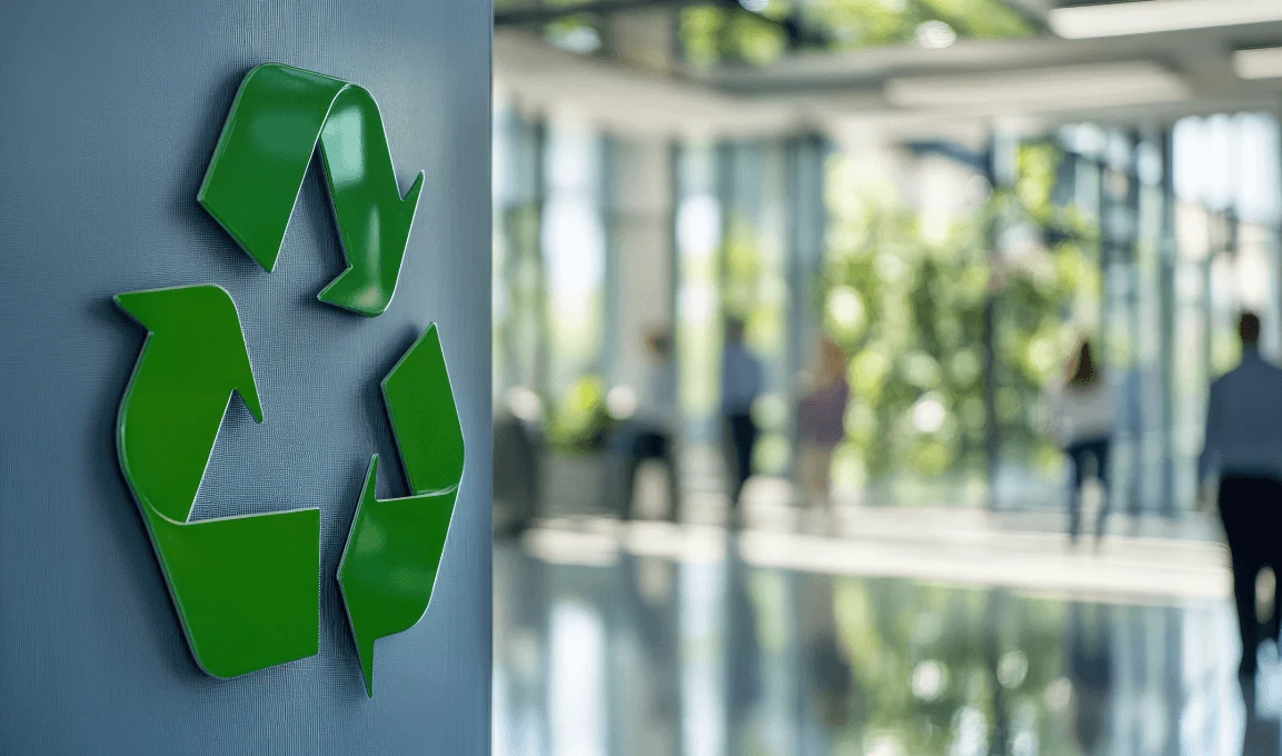 Green recycling symbol on a wall in a bright, modern office with blurred people in the background