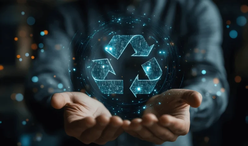 Hands holding a glowing digital recycling symbol, representing environmental sustainability