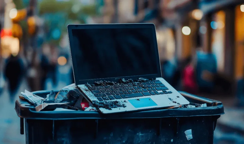 Laptop with debris on keyboard, resting on a trash can on a city street