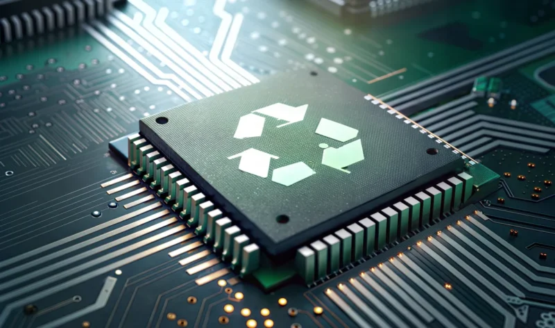 Microchip with a green recycling symbol