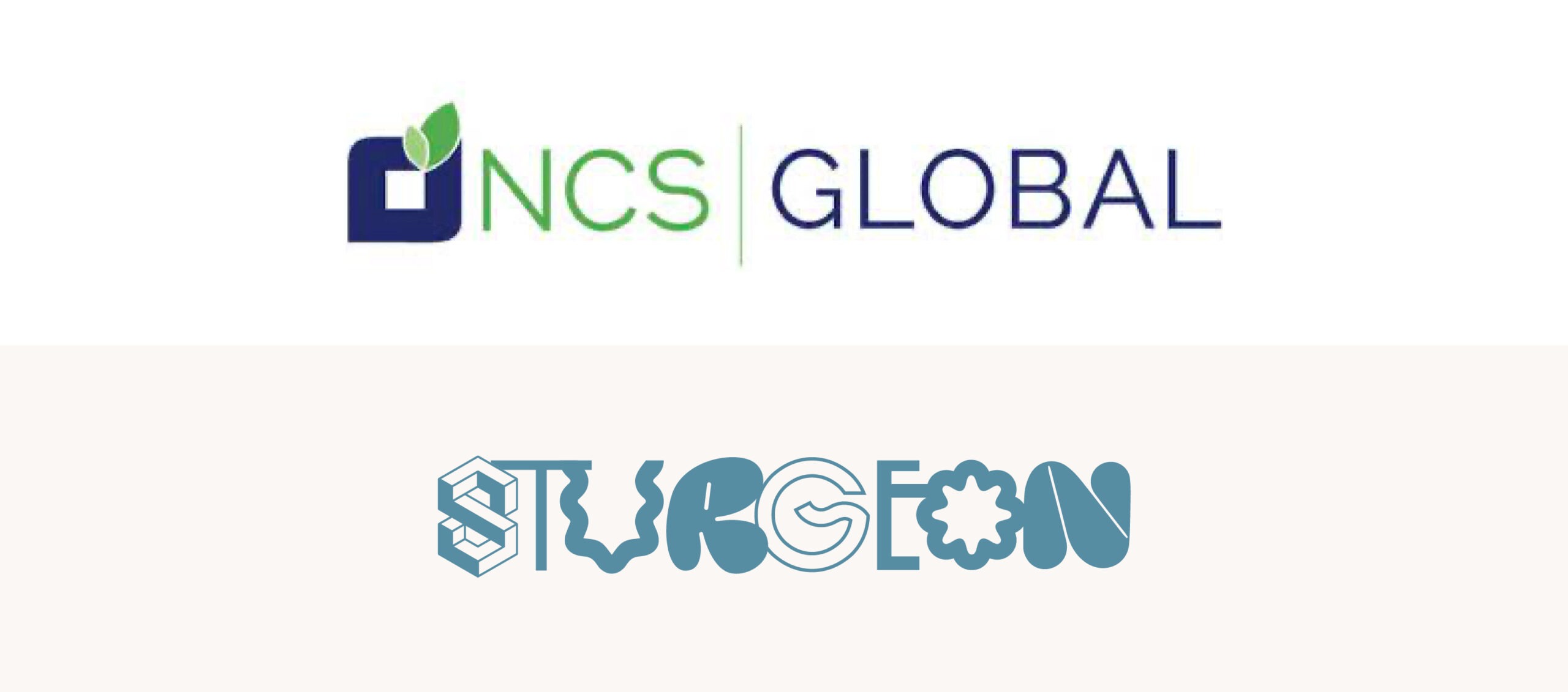 Top logo: NCS Global with a leaf design, highlighting its recent acquisition of Sturgeon Technologies. Bottom logo: "STURGEON" in a stylized font with geometric and organic shapes, symbolizing the synergy between these innovative brands.