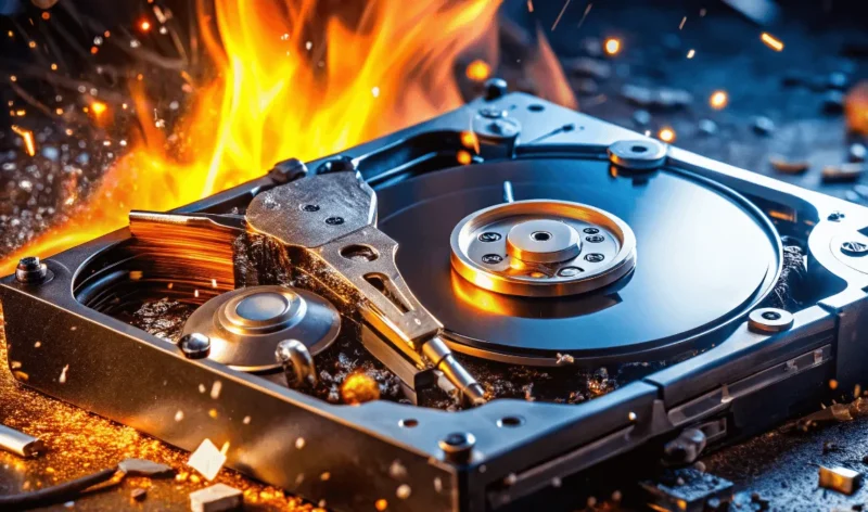 Open hard drive engulfed in flames, surrounded by sparks and debris