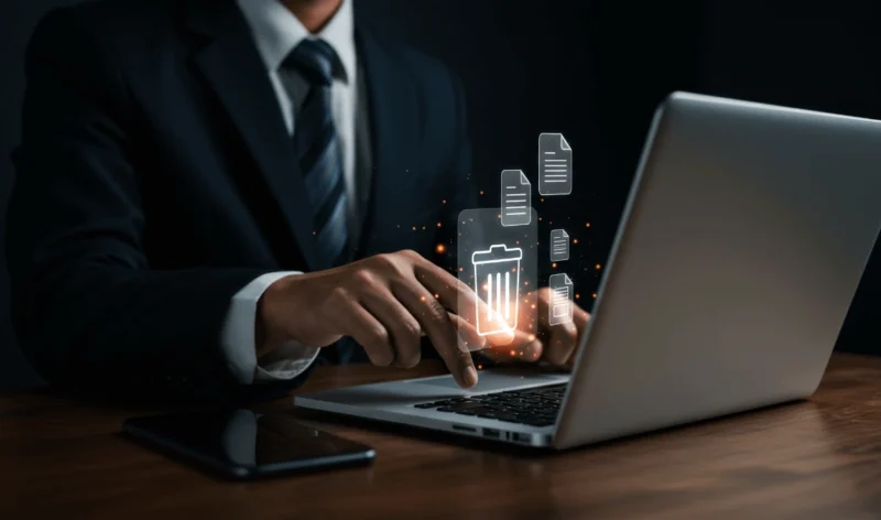 Person in a suit using a laptop with holographic icons of files and a trash bin