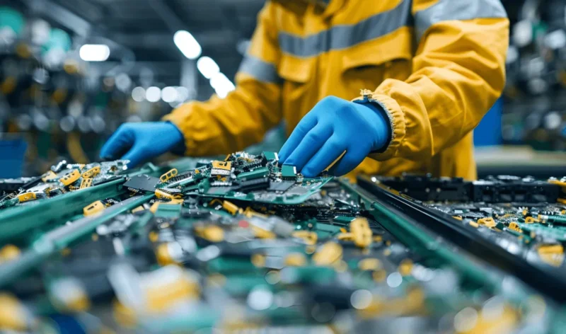 Person in gloves sorting electronic circuit boards on a conveyor belt in a factory