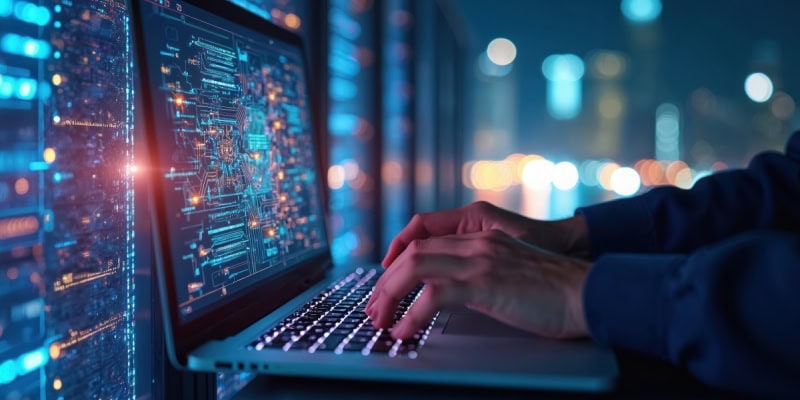 Person typing on a laptop with code displayed on the screen, surrounded by servers and illuminated city lights in the background, showcasing ITAM solutions designed to maximize ROI.
