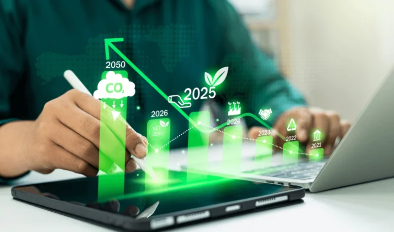 Person using a tablet with a green sustainability graph showing goals from 2021 to 2050