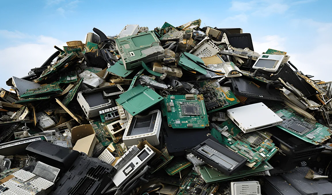 Pile of discarded electronic waste, including circuit boards, under a blue sky