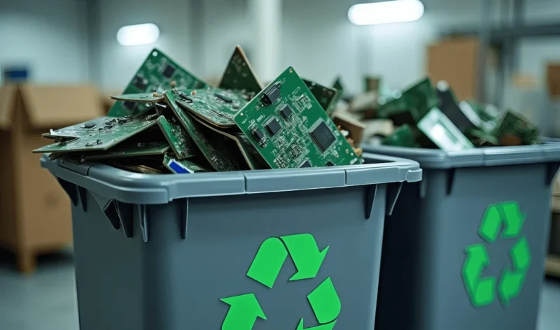 Recycling bins filled with electronic circuit boards in a storage room