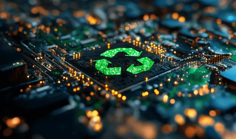 Recycling symbol on a lit circuit board, symbolizing eco-friendly technology