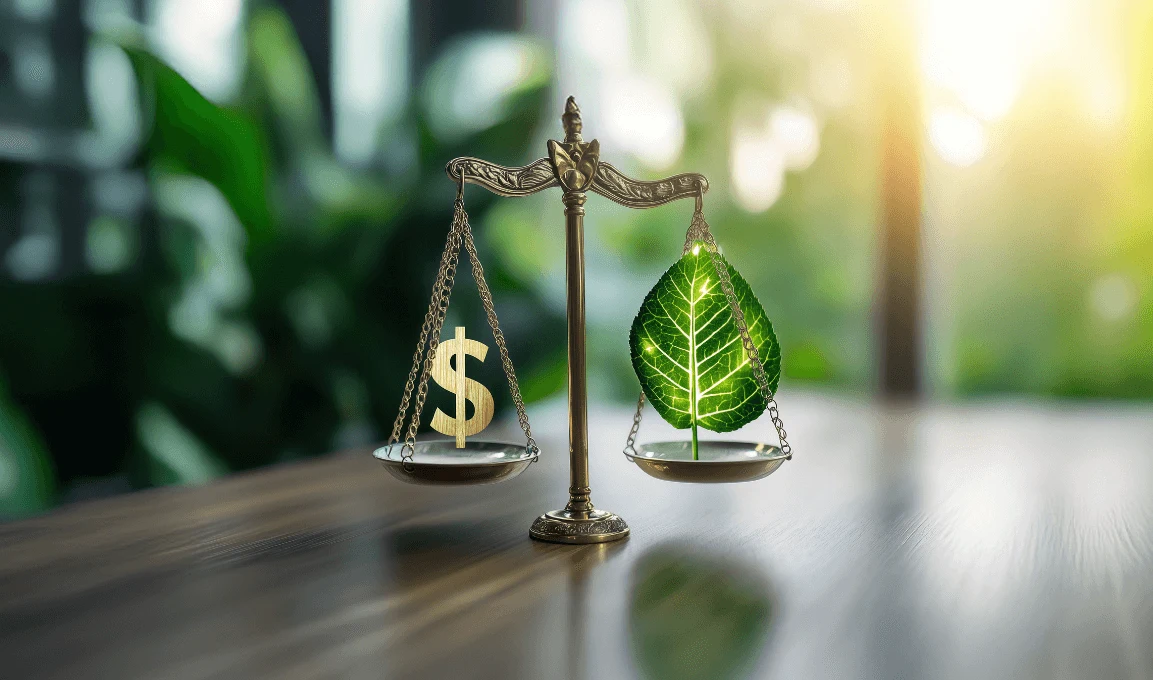 Scale with a dollar sign and a leaf, representing the balance between economy and environment