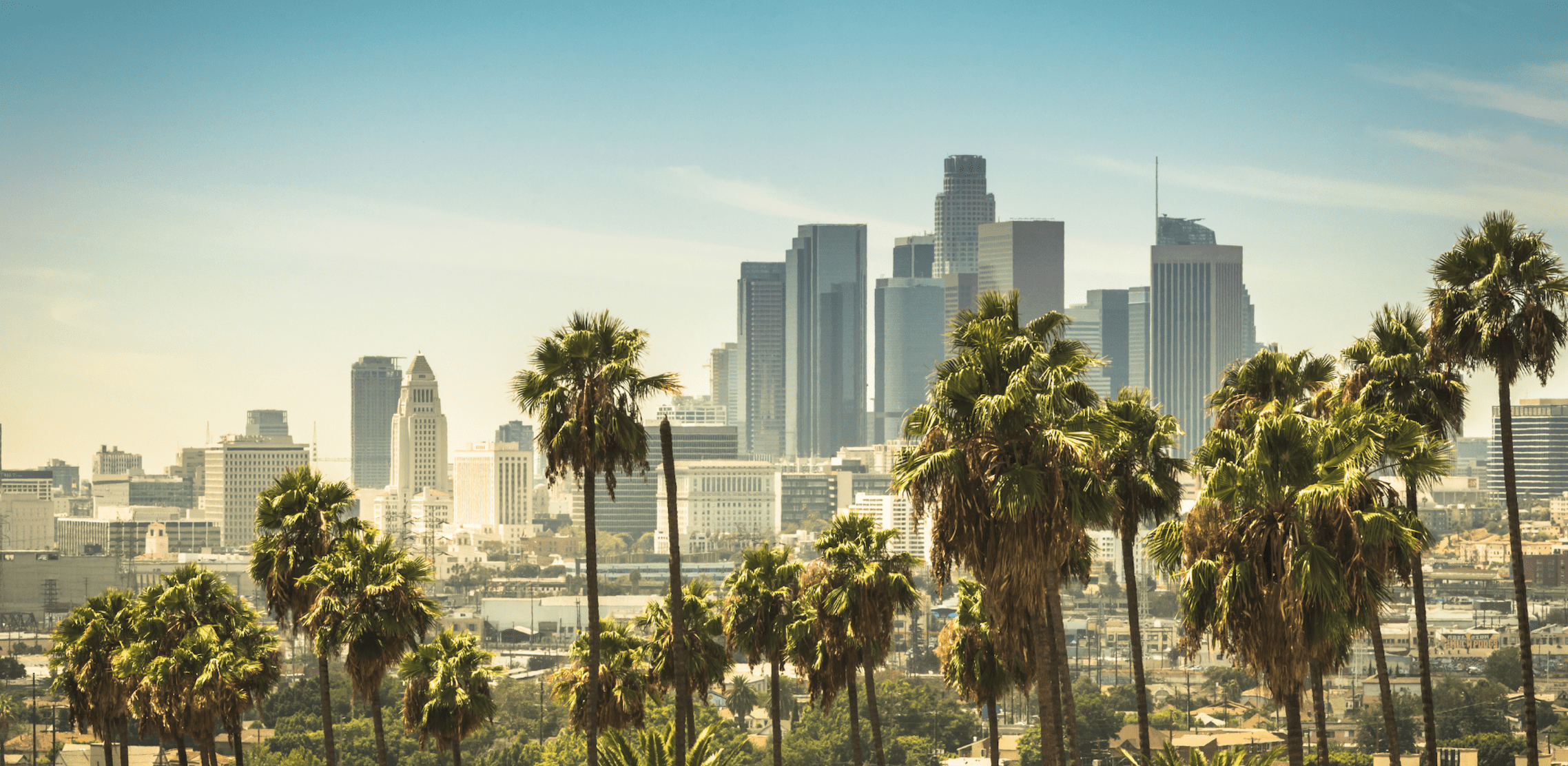 The skyline of Los Angeles boasts tall buildings in the background, while palm trees sway in the foreground under a clear blue sky.