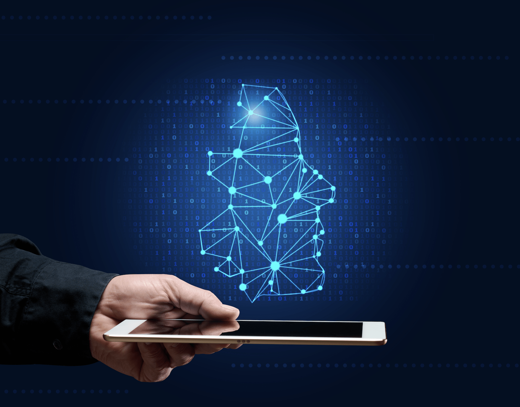 A hand holds a tablet, projecting a digital wireframe face with a network of connected nodes against a dark background, symbolizing the seamless integration of AI and the crucial importance of data security.