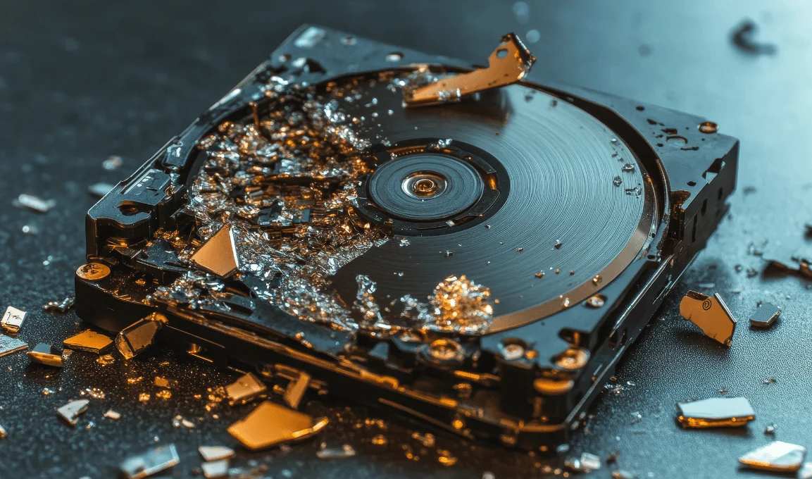 Shattered hard drive with scattered debris on a dark surface