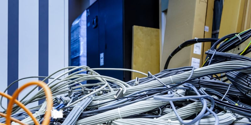 Tangled assortment of network cables and wires in data center storage area