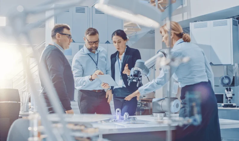 Team discussing a project around a table in a modern lab, using a tablet and robotic equipment