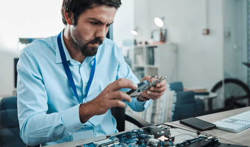 Technician examining a computer hard drive at a desk in an office setting