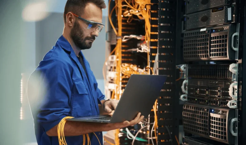 Technician in a server room working on a laptop, surrounded by network cables