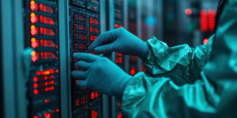 Technician in protective gear adjusting servers with red LED lights