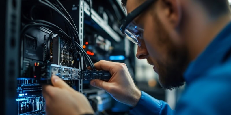 Technician with safety glasses installing hardware components in a server rack Technician with safety glasses installing hardware components in a server rack