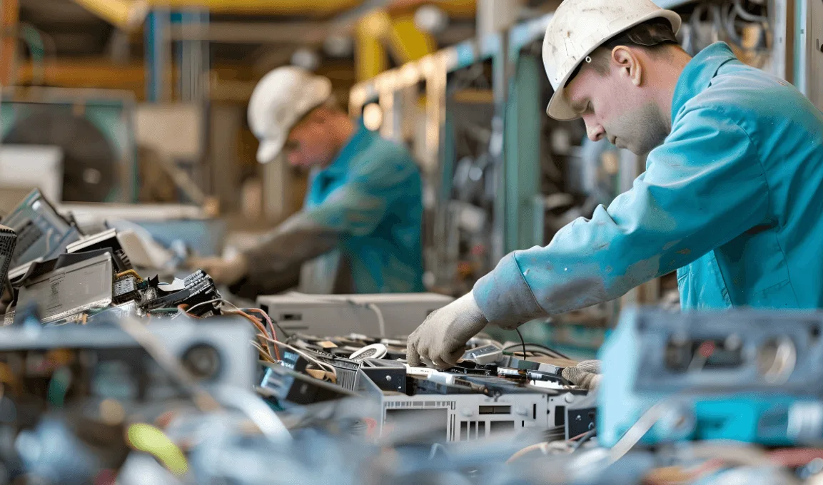 Technicians in hard hats working on electronic equipment in an industrial setting