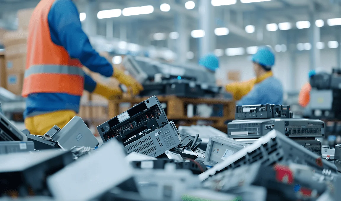 Workers in a warehouse sorting a pile of discarded electronic devices and equipment