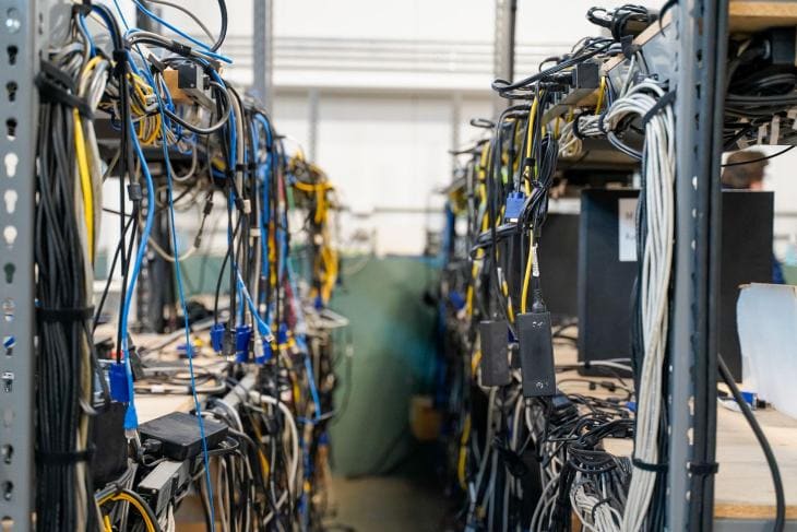 Rows of metal racks filled with tangled wires and electronic equipment in a server room, offering scalable solutions for a dynamic data environment.