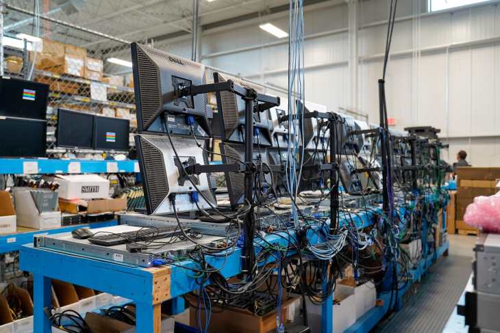 computer monitors in a warehouse