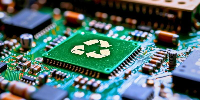 Close-up of a green computer chip on a circuit board, featuring a gold recycling symbol that underscores its commitment to sustainability and environmentally friendly data destruction.