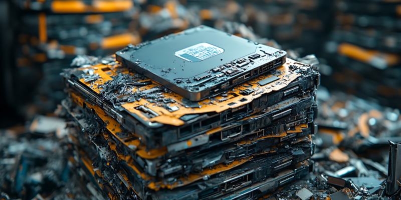 destroyed solid drives stacked on top of each other Stack of dismantled circuit boards with a central black chip, surrounded by electronic debris.