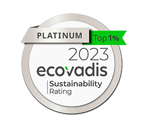 Circular logo with "2023 ecovadis Sustainability Rating," "Platinum," and "Top 1%" text, featuring green and gray colors.