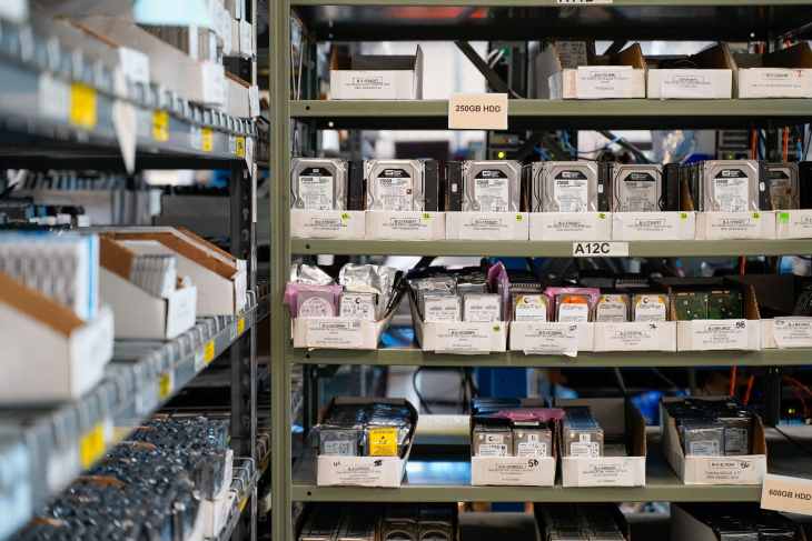 obsolete computer components in shelves ready for reclycling