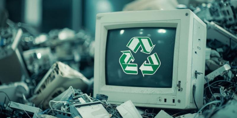 An old computer monitor displays a recycling symbol among heaps of electronic waste.