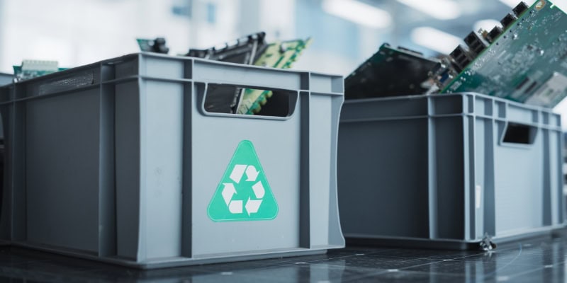 Recycling bins with e-waste circuit boards and green recycle symbol