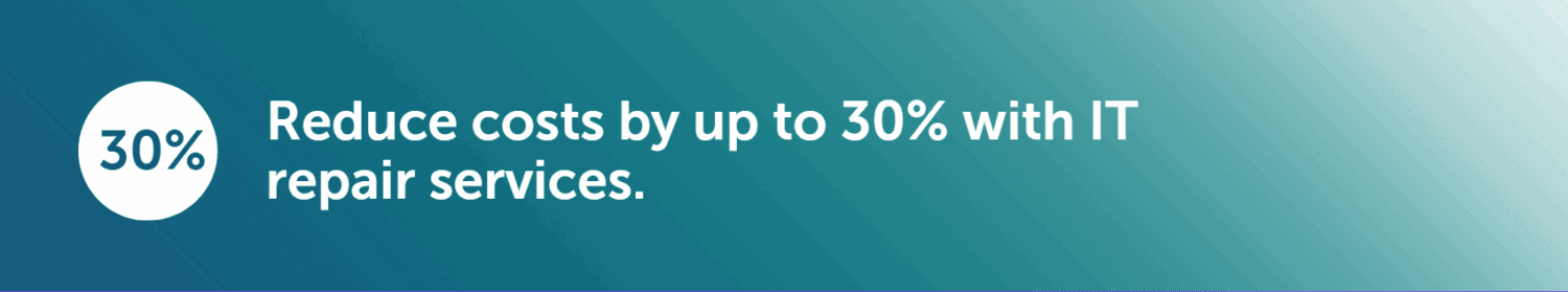 A graphic with the text: "Reduce costs by up to 30% with IT repair and electronics recycling services" on a blue-green gradient background, and "30%" in a white circle.