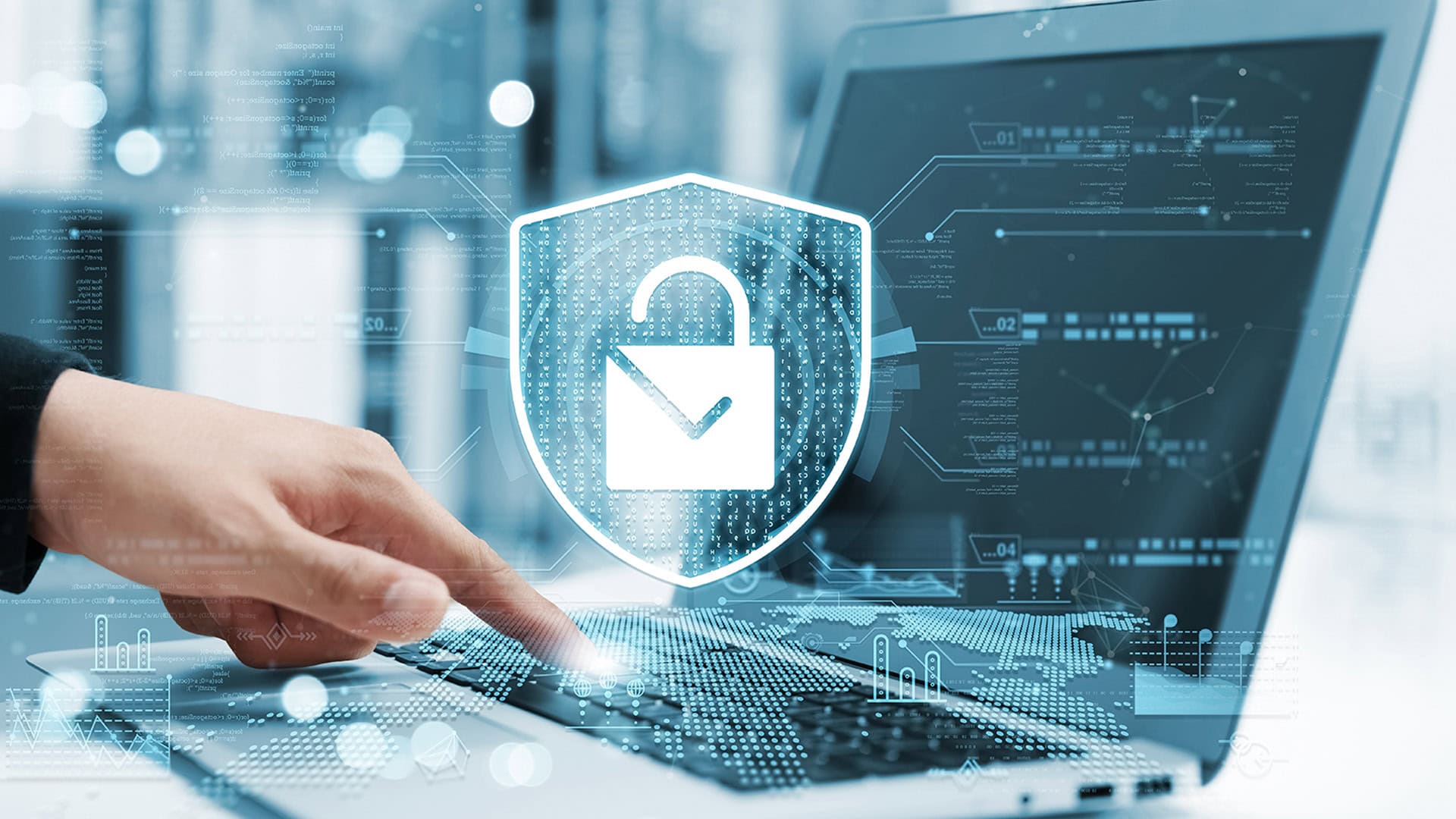 A person touches a laptop keyboard with a digital lock icon and network graphics overlaid, symbolizing cybersecurity and EcoErase, ensuring secure data destruction.