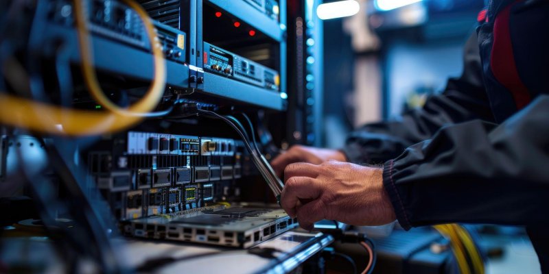 Person working on a server rack, connecting cables and hardware components in a data center environment.