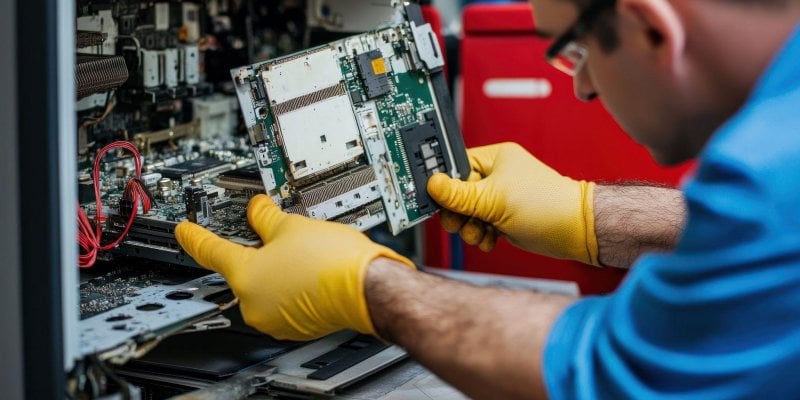 technician with yellow gloves ensambling a PC A person wearing yellow gloves installs or removes a circuit board from the inside of a computer case.