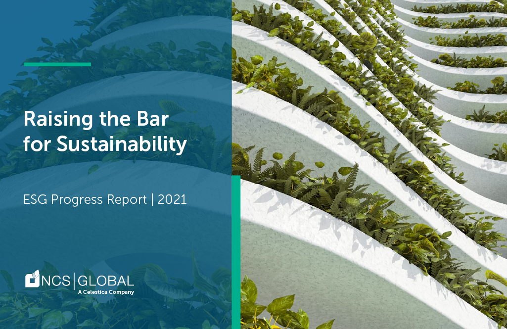 Sustainability report cover showcasing green plants on a sleek building facade with the text: "Raising the Bar for Sustainability, ESG Report 2022, NCS Global," emphasizing our dedication to Environmental Social Governance.